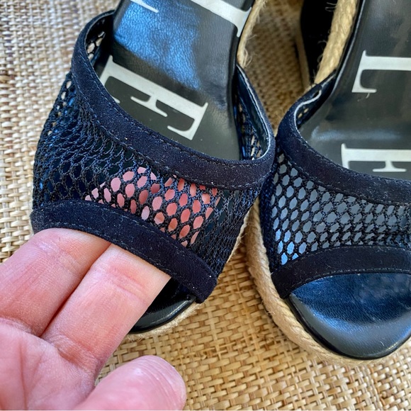 Black Open Toe Mesh Espadrille Ankle Strap Wedge Sandal - Picture 4 of 9